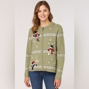 Croft & Barrow Green Snowman Sweater with Snowflake Design Zip Up Medium